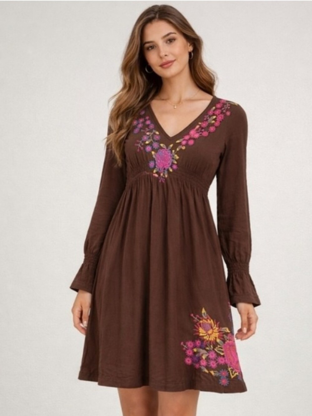 Johnny Was Cute Embroidered Brown Dress